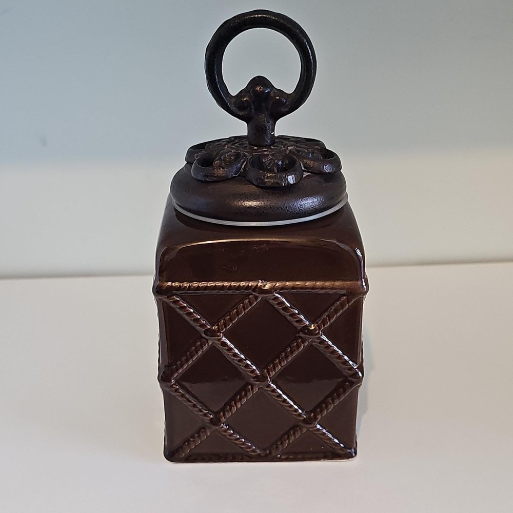 Vintage Tuscan Brown Ceramic Canister Jar Ornate Cast Metal Lid Ring Farmhouse
